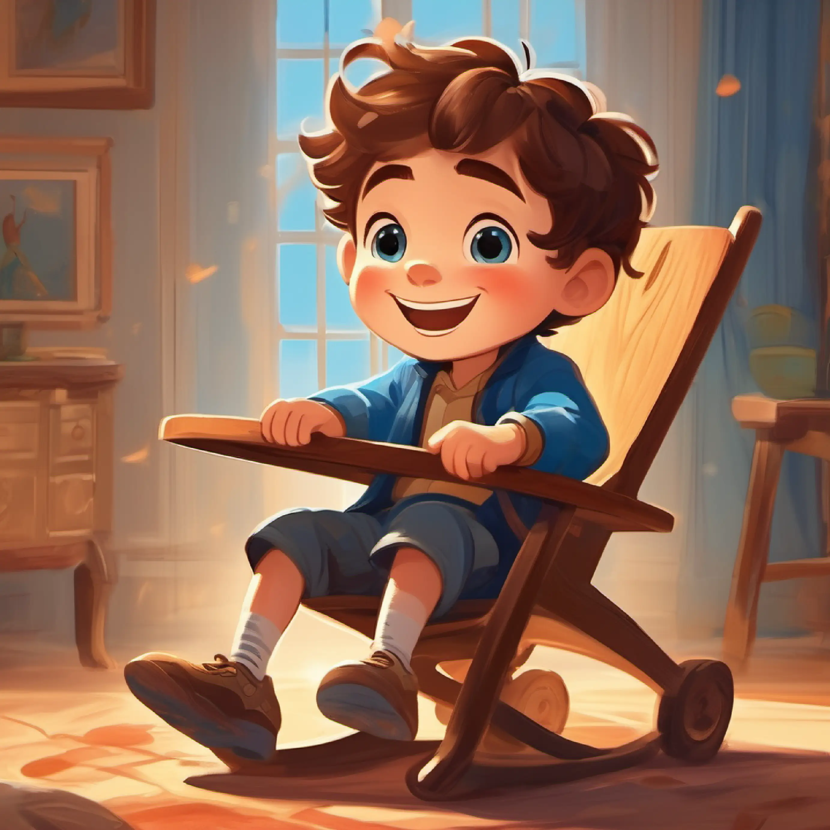 Brave boy, short brown hair, blue eyes, always smiling finds a dancing chair and laughs at its funny movements.