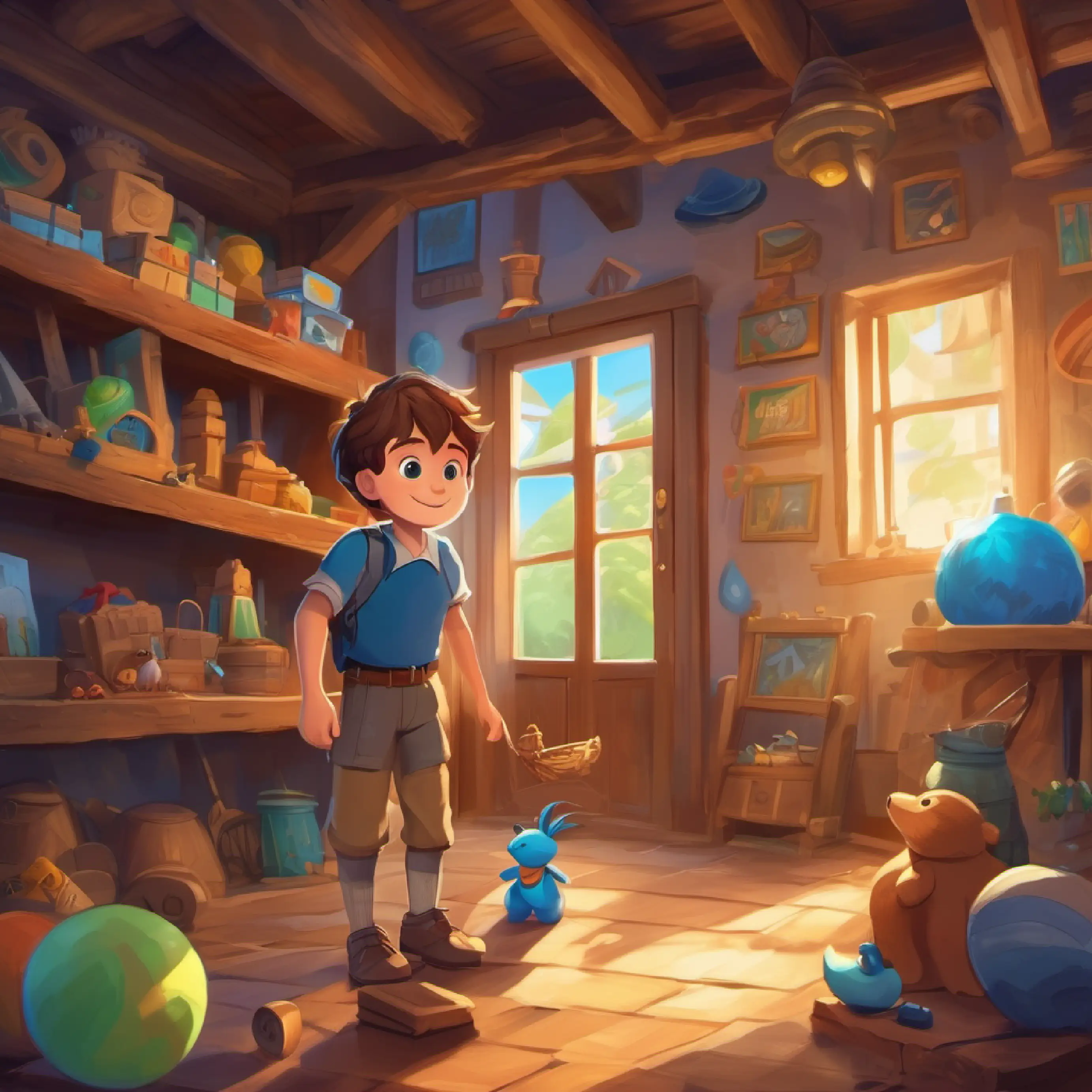 Brave boy, short brown hair, blue eyes, always smiling finds a treasure room full of toys and games.