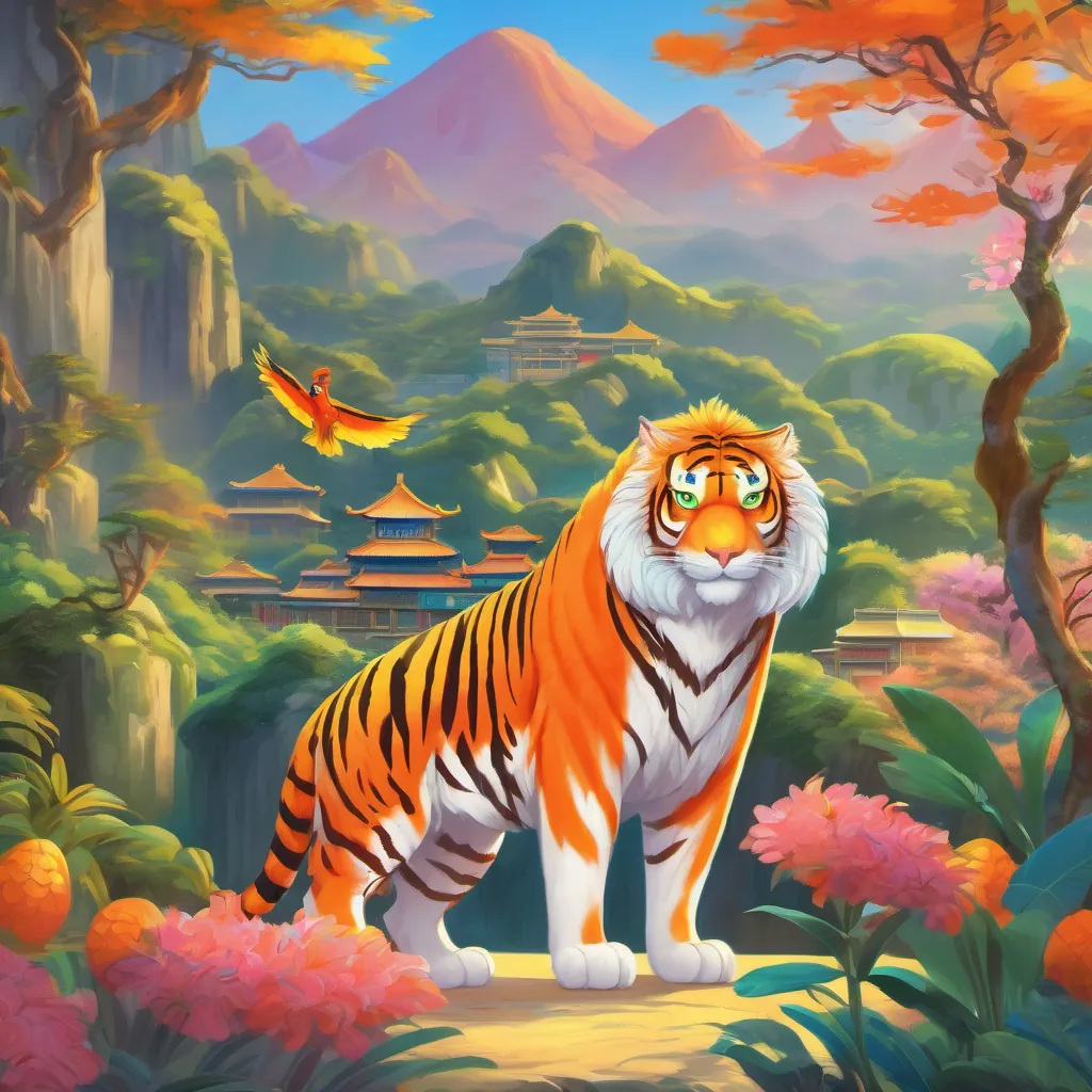 An orange tiger with bright fur, standing alongside a multi-colored parrot in a mystical, ancient Chinese landscape.