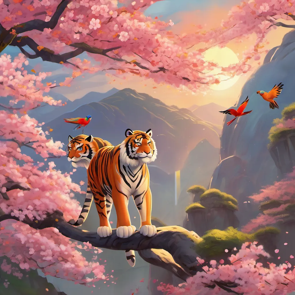 A tiger and parrot standing under cherry blossom trees with the rising sun.
