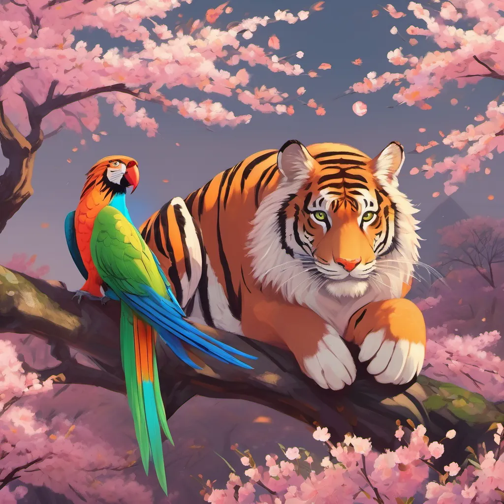 Back under the cherry blossom trees with the tiger and parrot sitting contentedly and sharing their stories.