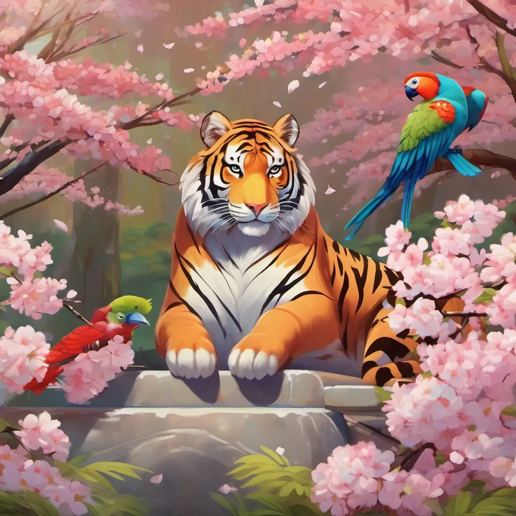 Tiger and parrot sitting under the cherry blossoms, sharing a moment of realization and joy.