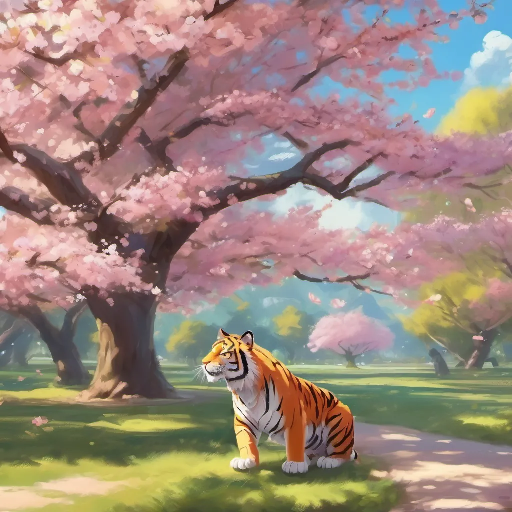 Tiger and parrot setting off under the cherry blossom trees with visible excitement.