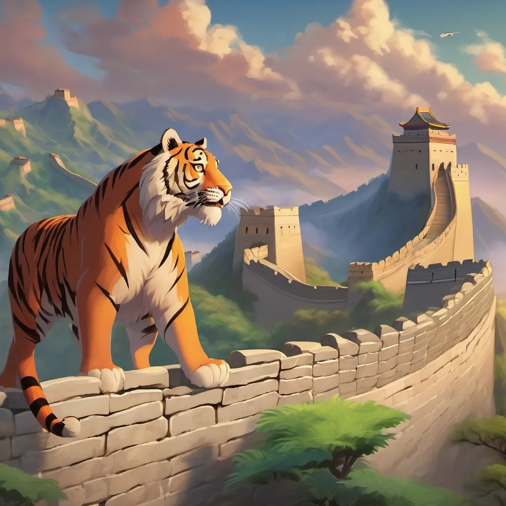 The Great Wall of China standing tall and impressive, with the tiger looking up in awe and the parrot fluttering near.