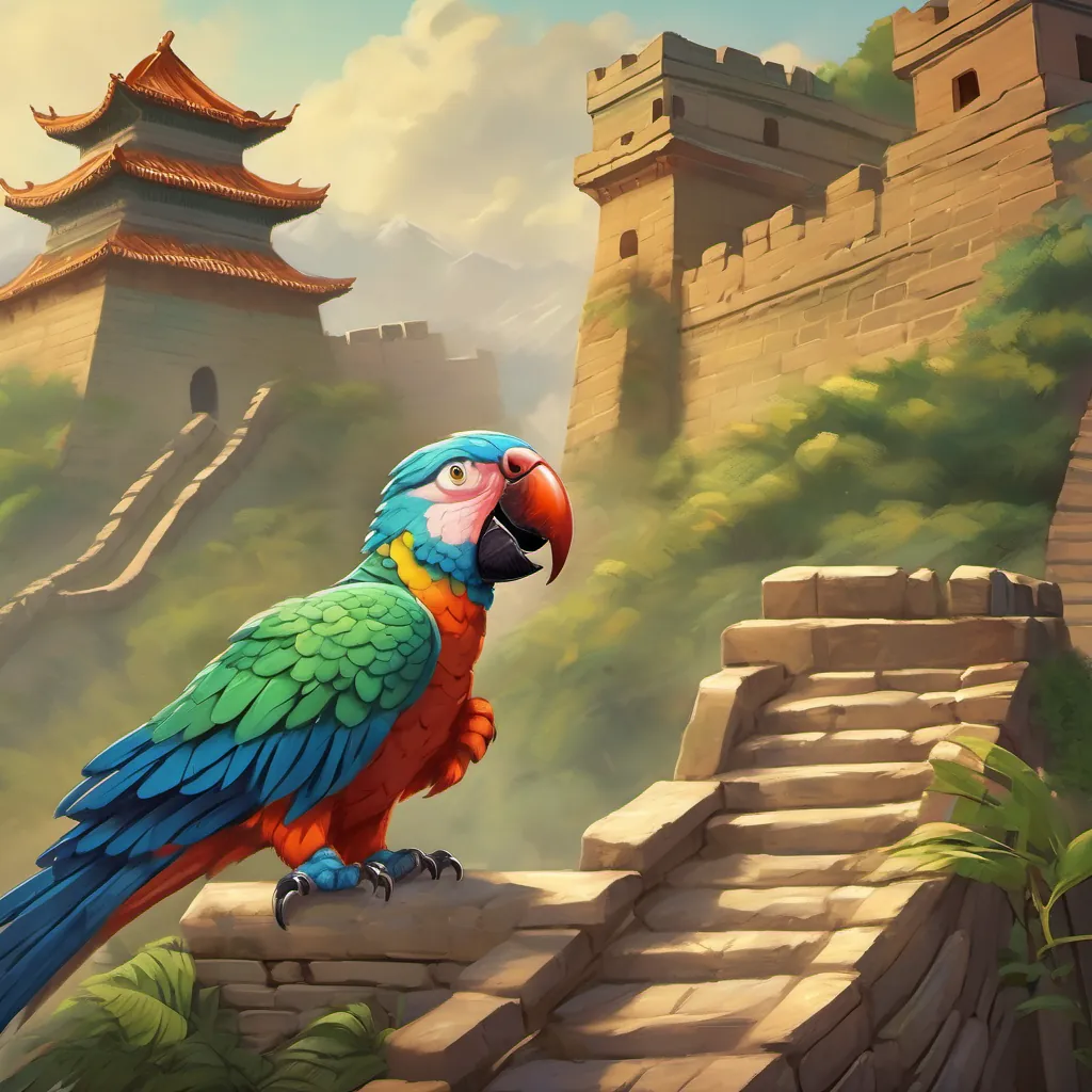 Starting at the base of the Great Wall, the parrot giving the tiger an encouraging wink as they begin their climb.
