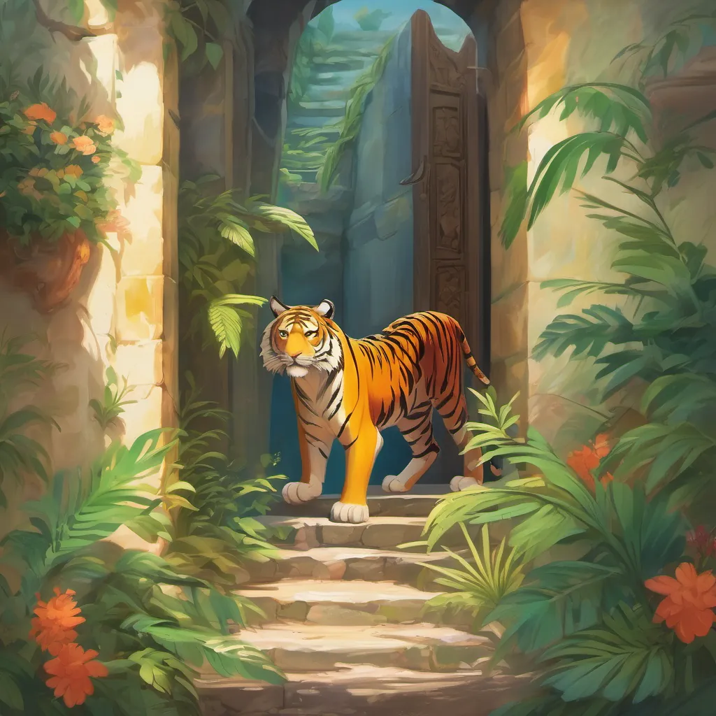 Moving through a narrow gap in the wall, the tiger squeezing through carefully, with the parrot chirping happily.