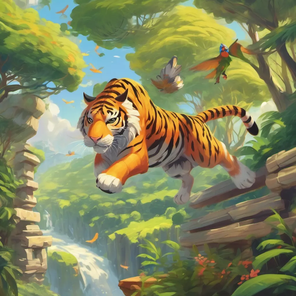 The tiger leaping over obstacles with the parrot flying energetically around.