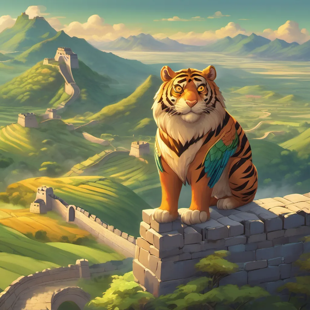 Tiger and parrot standing atop a high tower of the Great Wall, looking over the beautiful landscape of fields and rivers.