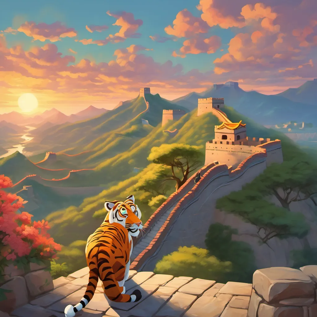 Sunset over the Great Wall, with the tiger and parrot celebrating their successful journey.