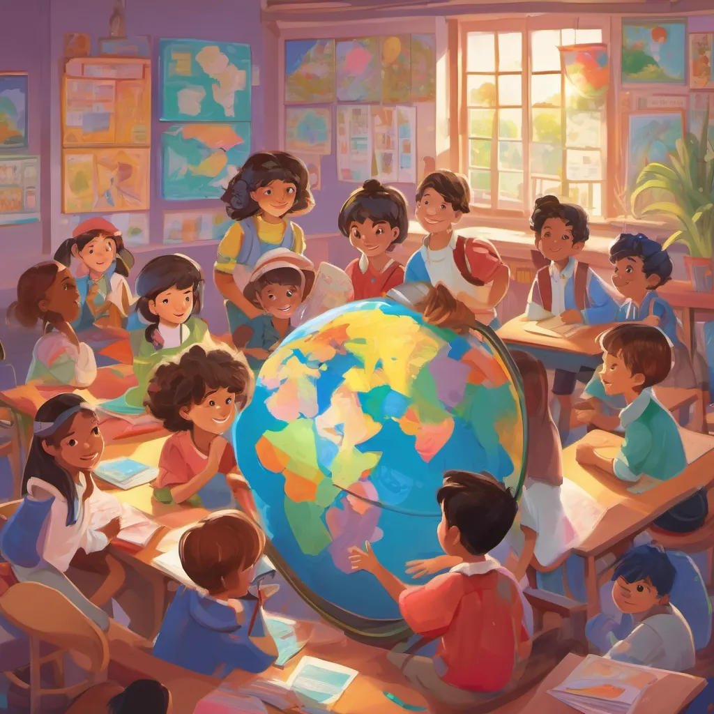 A group of diverse, cheerful children in a colorful classroom, brainstorming with a globe and posters around them.