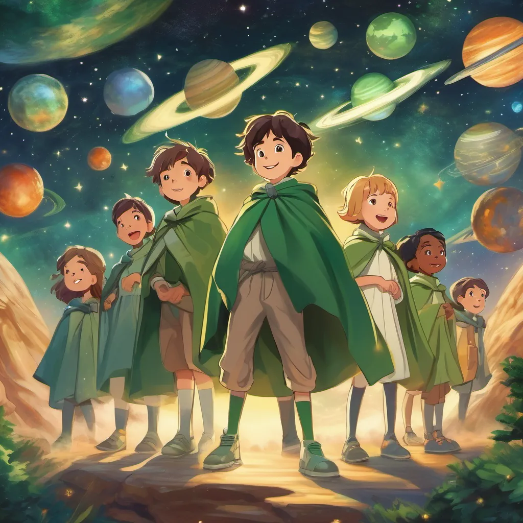 A group of excited children, wearing green capes, standing in a formation as if ready for action, with imaginative decorations of planets and stars.