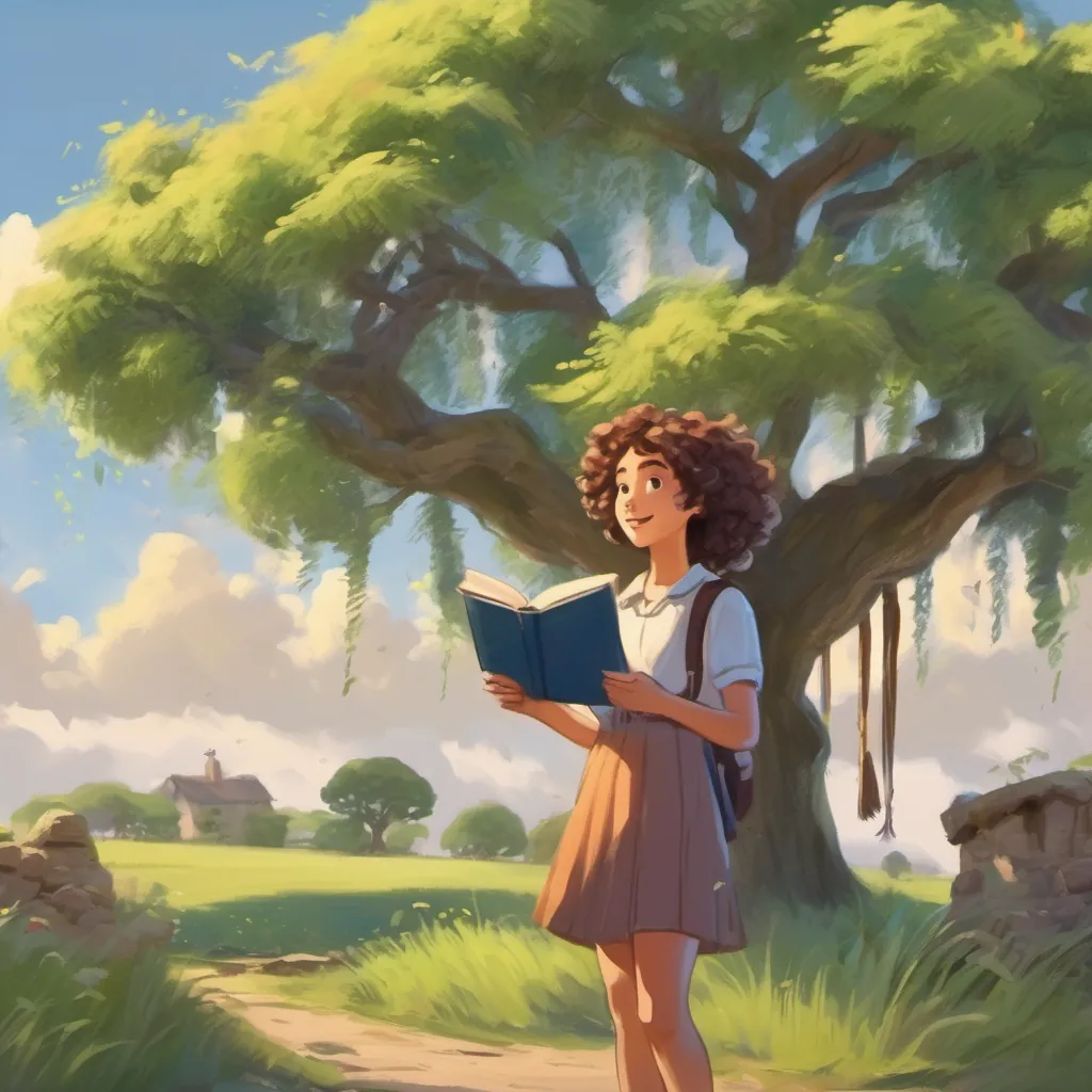 A girl with curly hair rallying her friends under an old, wise willow tree swaying gently in the wind, with their notebooks open.