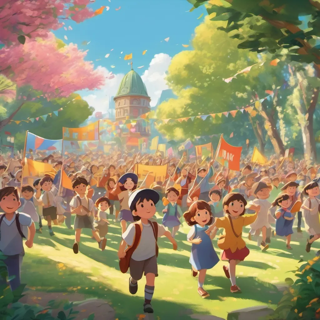 Children holding colorful banners and posters, marching enthusiastically with a backdrop of a sunny park and large, cheering crowd.