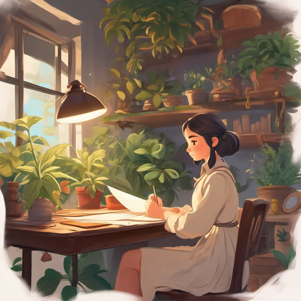 A serious but kind girl writing a letter at a desk, surrounded by plants, with papers filled with thoughtful, scrawled letters.