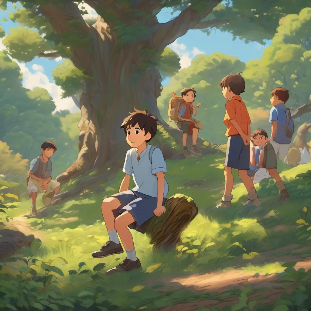 A boy expressing concern, with teary eyes and his friends around him looking determined and hopeful, with oak tree branches framing the scene.