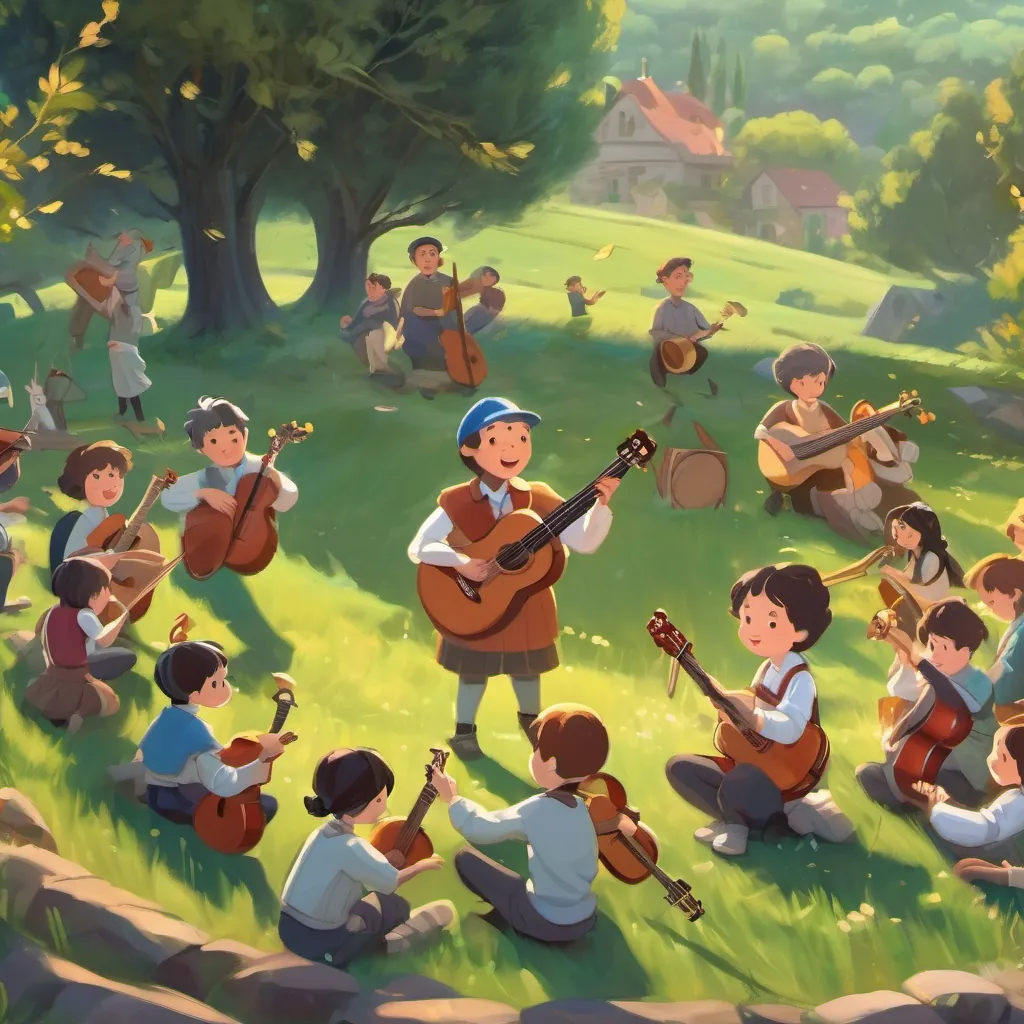 Students gathered in a semi-circle atop a grassy hill, energetically singing and playing musical instruments as notes dance in the air.