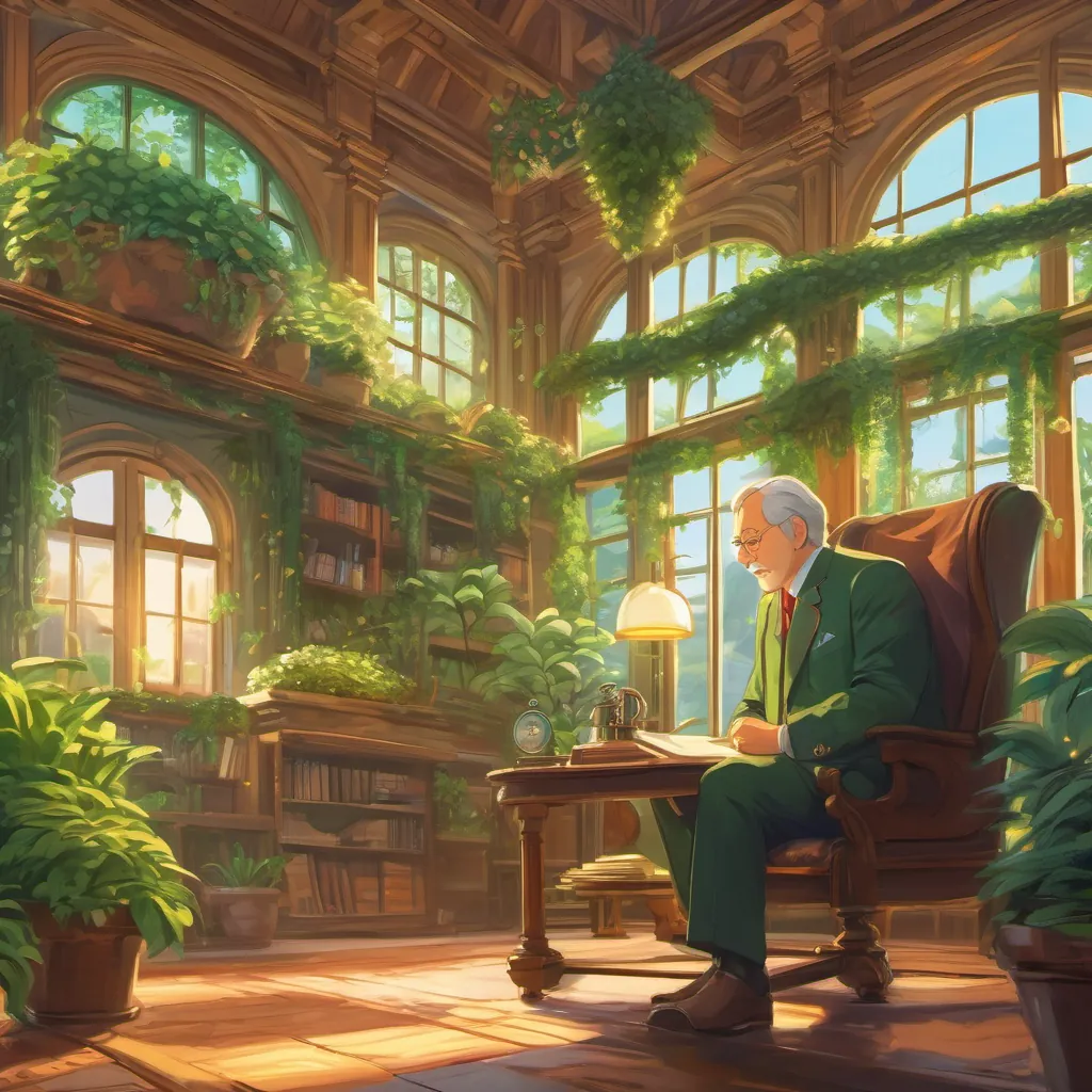 A kindly mayor listening intently to the children, his face lighting up with understanding, in his grand office filled with green plants.