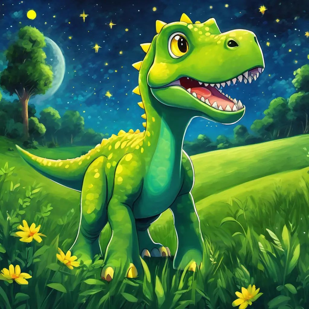 A green dinosaur with bright yellow eyes, 10 words max, a green dinosaur with bright yellow eyes, standing in a lush green meadow under a starry night sky.