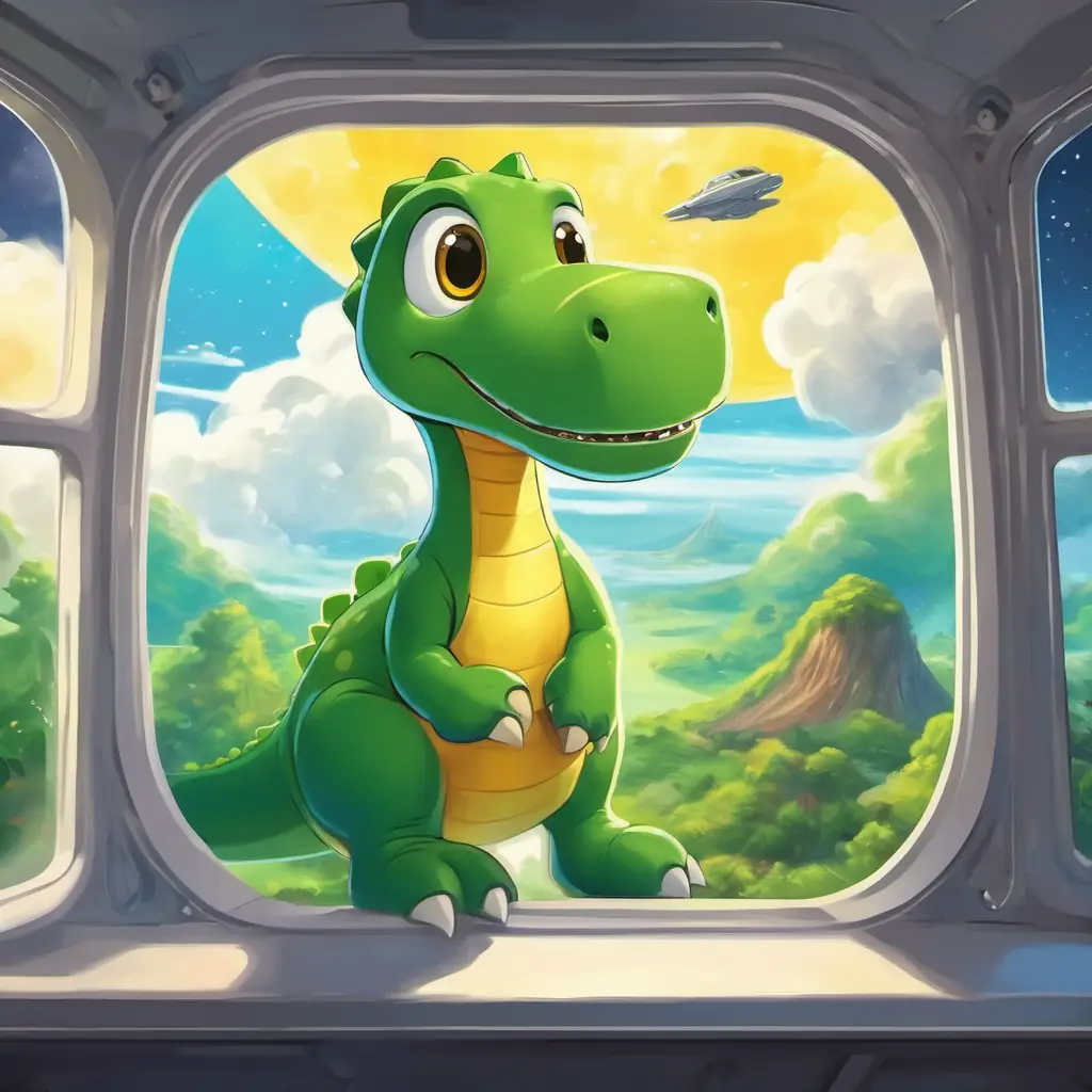 A green dinosaur with bright yellow eyes, 10 words max and his dinosaur friends inside the spaceship, looking out of the window at fluffy white clouds and the vastness of space.