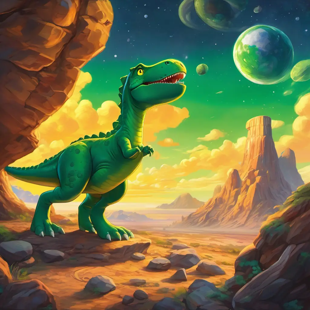 A green dinosaur with bright yellow eyes, 10 words max and his dinosaur friends exploring the rocky surface of Mercury and looking at the thick clouds of Venus from inside the spaceship.