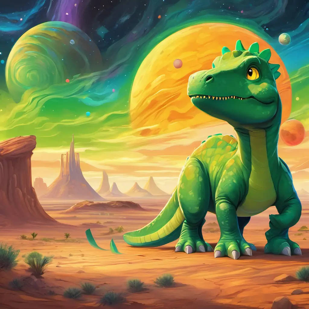 A green dinosaur with bright yellow eyes, 10 words max and his dinosaur friends observing the dusty deserts of Mars and the colorful bands of Jupiter with swirling storms.