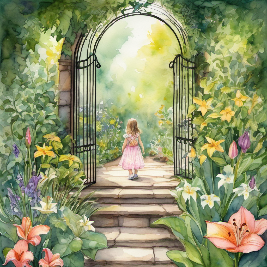 In a world of wonder, where secrets abound,
A child named Lily, her way she had found.
Through a hidden gate, midst whispers of charm,
She ventured alone, with a heart full of calm. Into the garden, so mystical and grand,
Lily stepped cautiously, on tip-toe she'd land.
Surrounded by plants, with colors so bright,
She embarked on a journey, filled with pure delight.