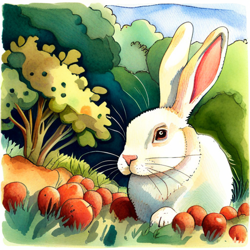 White bunny with floppy ears trying to find carrots in a burrow