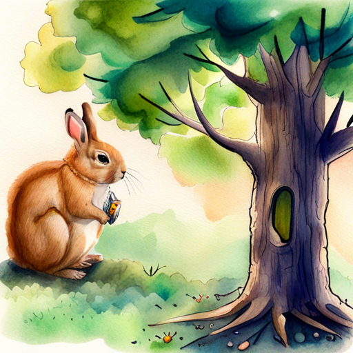 White bunny with floppy ears and Brown squirrel with a fluffy tail talking beside a tree