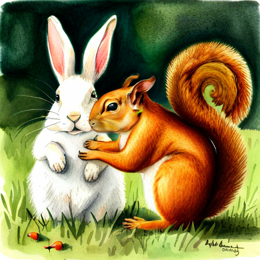Brown squirrel with a fluffy tail showing White bunny with floppy ears the way to the carrots