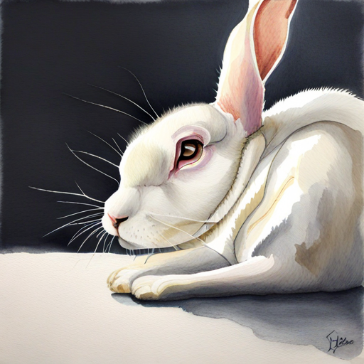 White bunny with floppy ears looking serious and thoughtful
