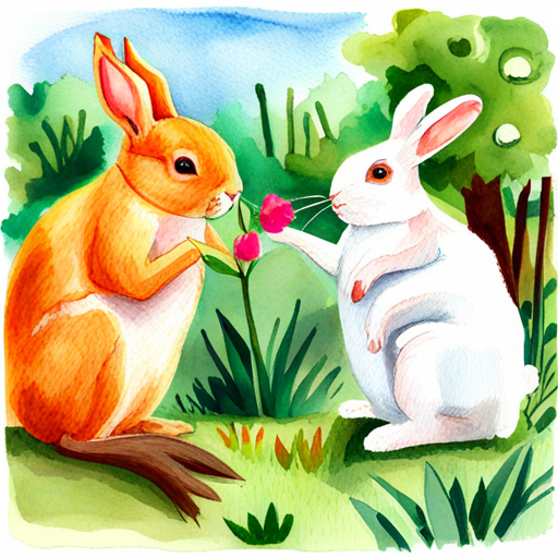 White bunny with floppy ears and Brown squirrel with a fluffy tail talking to the gardener