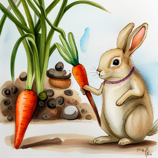 White bunny with floppy ears and Brown squirrel with a fluffy tail happily carrying carrots