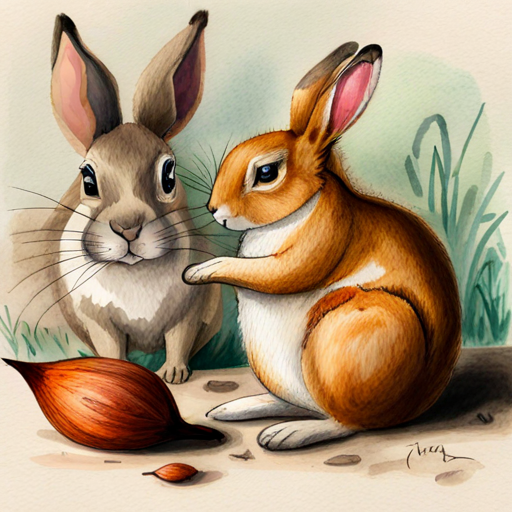 White bunny with floppy ears and Brown squirrel with a fluffy tail hugging