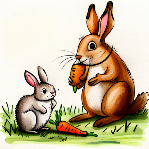 White bunny with floppy ears and Brown squirrel with a fluffy tail sharing carrots with big smiles