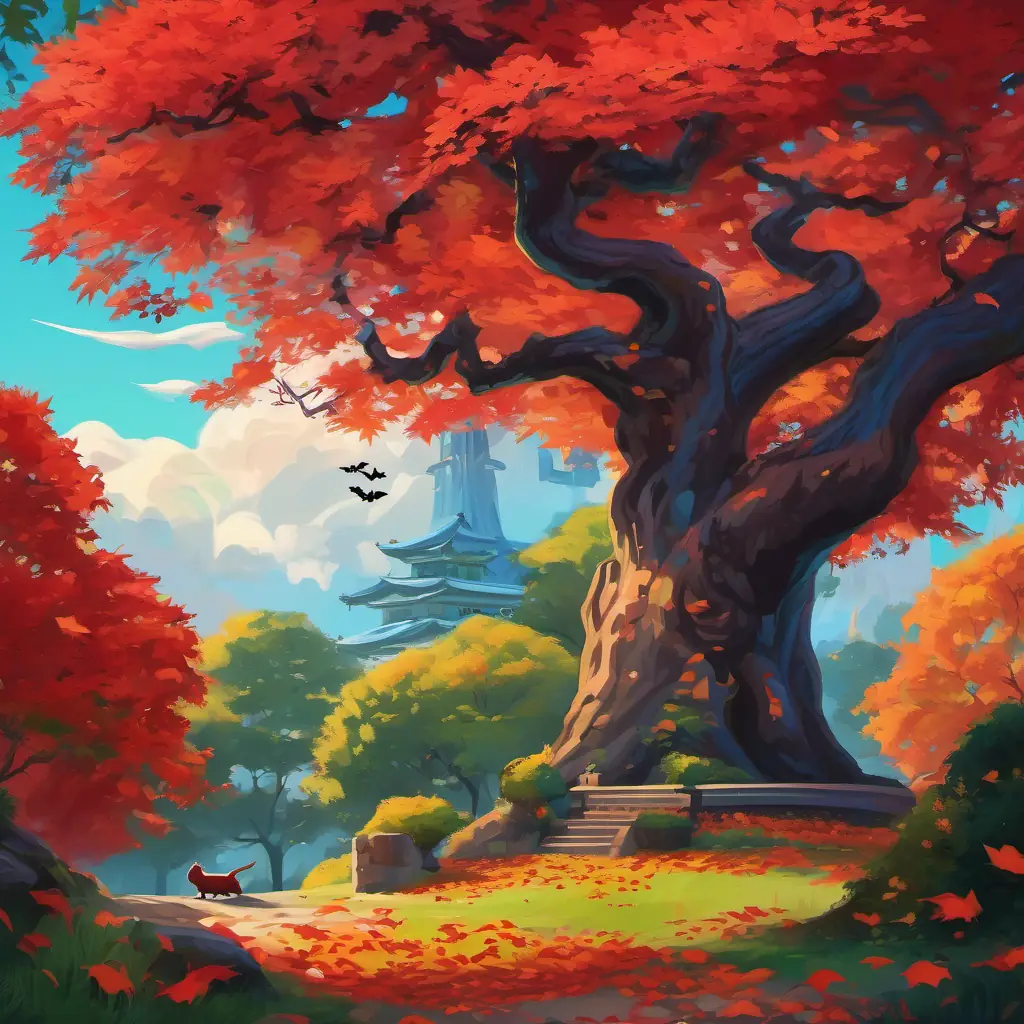 In a lush garden filled with colorful flowers, there stood a majestic Japanese maple tree with vibrant red leaves. Various animals roamed around, finding shade under the tree's branches.