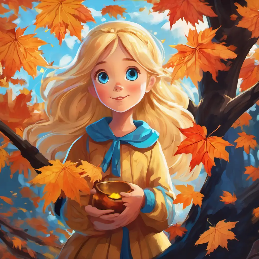 Golden-haired girl with bright blue eyes and a kind heart, a caring little girl with golden hair and bright blue eyes, stumbled upon the Japanese maple's secret. Excitement filled her heart as she thought about all the happiness she could bring to people using the tree's magic.