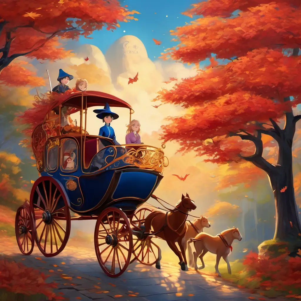 With a gentle touch and a whispered wish, the Japanese maple transformed into a breathtaking carriage adorned with shimmering red leaves. Golden-haired girl with bright blue eyes and a kind heart, her friends, and adorable animal companions embarked on an enchanting journey, exploring new and wondrous destinations together.