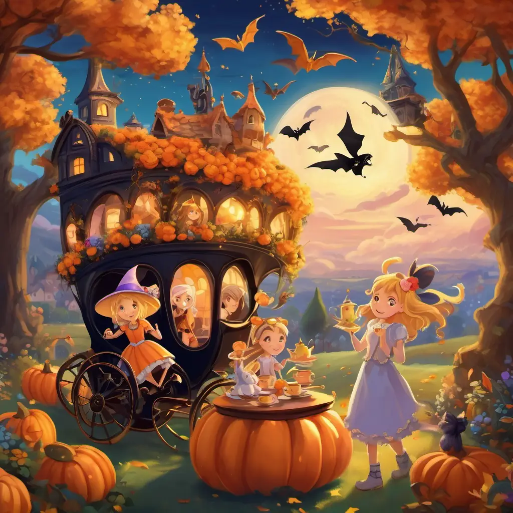 The carriage soared high above the clouds, where Golden-haired girl with bright blue eyes and a kind heart and her friends joyfully danced with giggling fairies in a hidden garden. Later, they shared a magical tea party with talking animals, cherishing every joyful moment together.