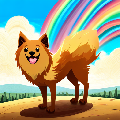 Dirty blonde hair, big smile, adventurous spirit and Fluffy brown dog with a wagging tail finding a glowing rainbow crystal