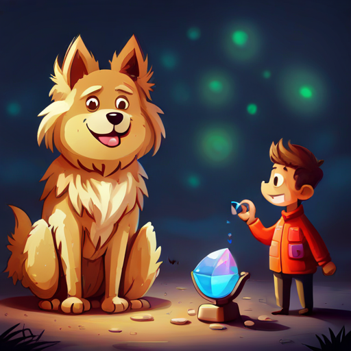 Dirty blonde hair, big smile, adventurous spirit and Fluffy brown dog with a wagging tail holding the glowing crystal