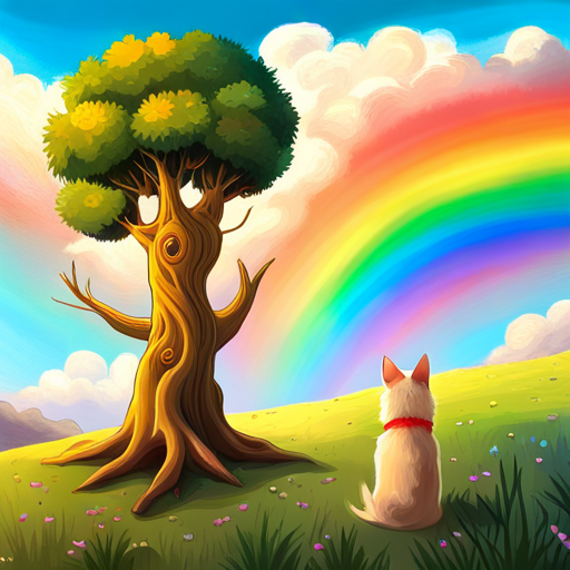 Dirty blonde hair, big smile, adventurous spirit and Fluffy brown dog with a wagging tail turning a tree into a colorful rainbow