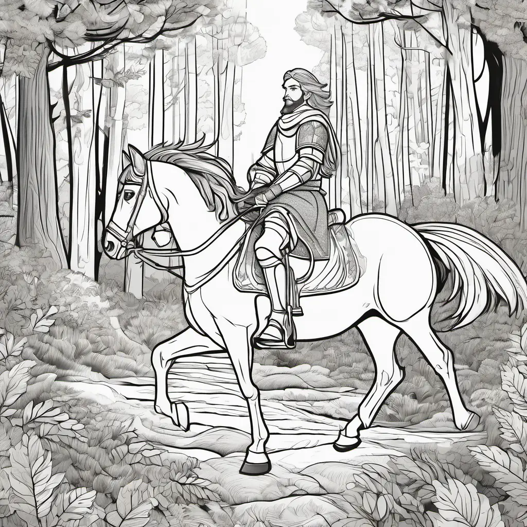 A brave knight on a horse riding through a big forest.