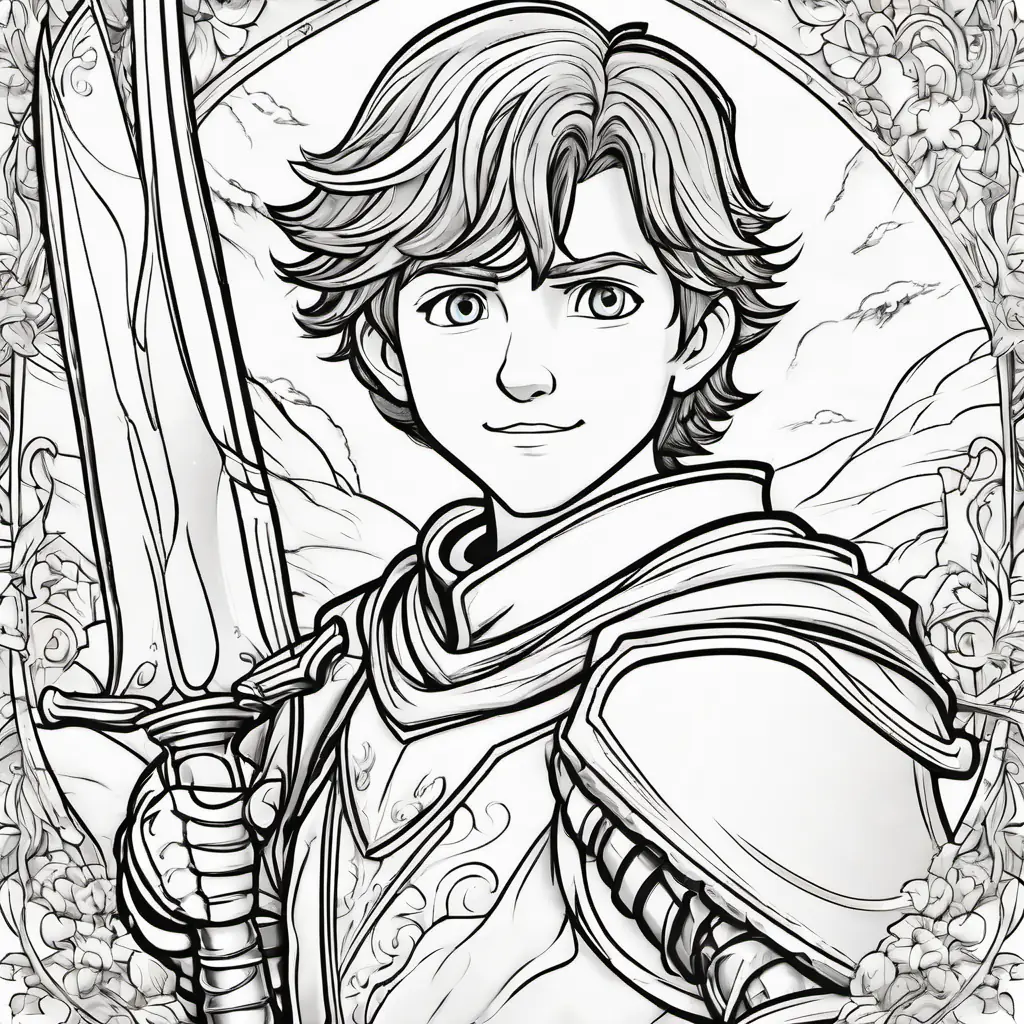 The brave knight, Brave knight with brown hair and blue eyes, holding a shiny sword and bravely shouting.