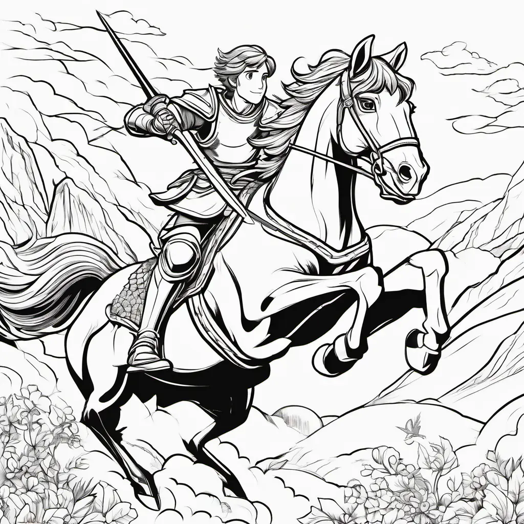 The brave knight, Brave knight with brown hair and blue eyes, jumping to dodge fire from the dragon while protecting his horse.