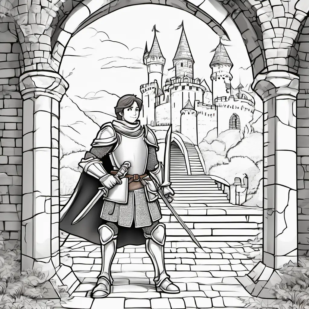 The brave knight, Brave knight with brown hair and blue eyes, returning to the castle and being celebrated as a hero.