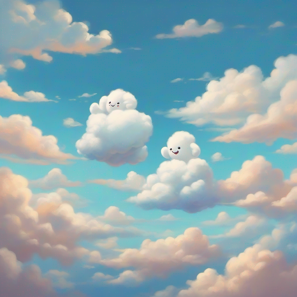 Two happy cloud friends with fluffy bodies in the blue sky