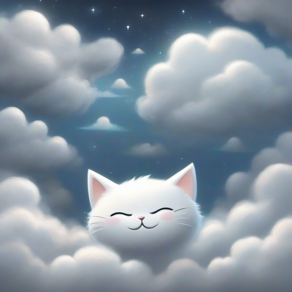 Big white cloud with a smiling face and sparkly eyes shaping its body like a cat while Small gray cloud with a happy face and soft edges is sculpting pointy ears