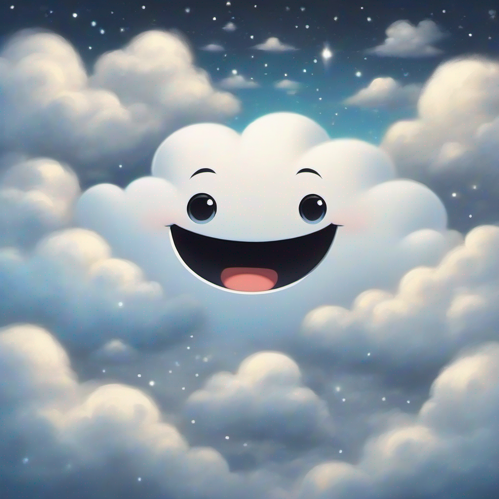 Big white cloud with a smiling face and sparkly eyes and Small gray cloud with a happy face and soft edges working together, combining their bodies to make pointy ears