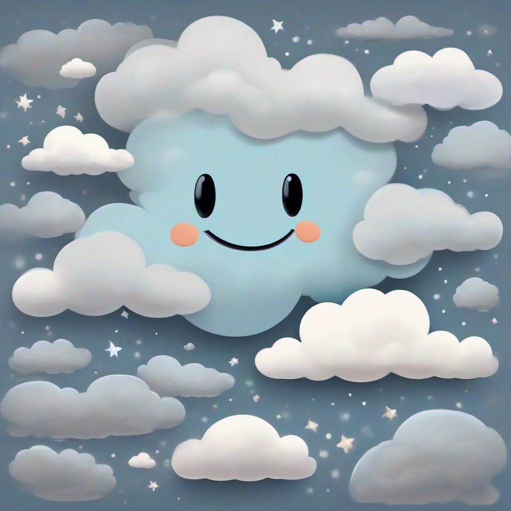 Big white cloud with a smiling face and sparkly eyes and Small gray cloud with a happy face and soft edges creating various shapes happily