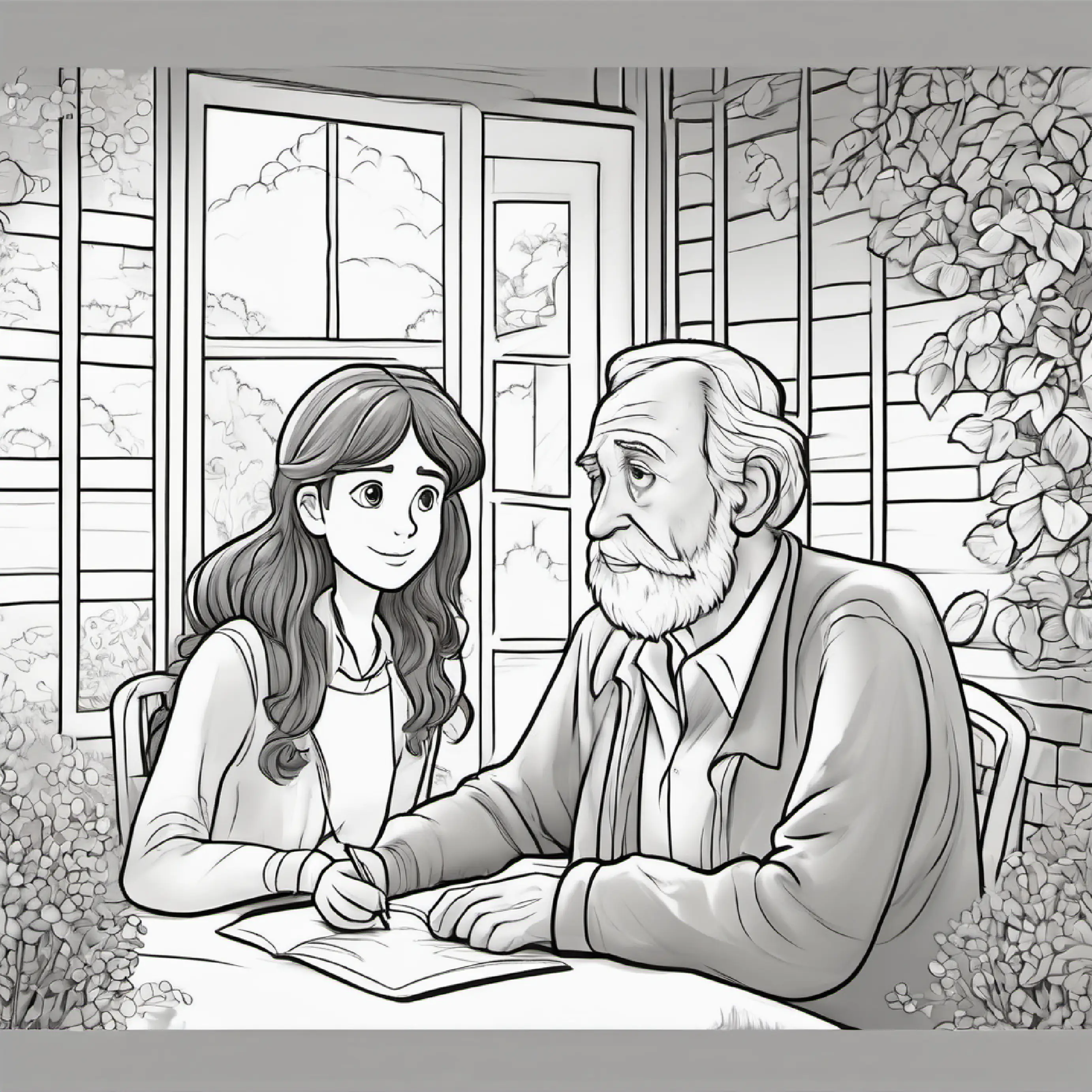 Young, caring girl with brown hair and hazel eyes meets an old man, sunny morning, looks confused.